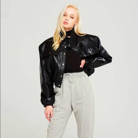 storets Jackets & Blazers - Storets hazel crocodile 🐊 pleather bomber jacket cropped black